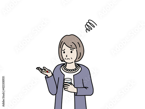錠剤　サプリ　薬が飲めない　年配の女性　シニア　高齢者　困る　不安　悩む　イラスト素材