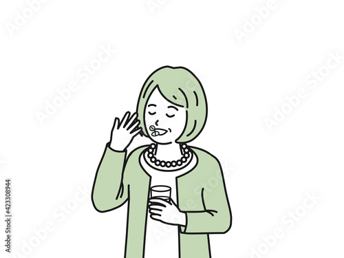 錠剤　サプリ　薬を飲む　年配の女性　シニア　高齢者　健康　イラスト素材