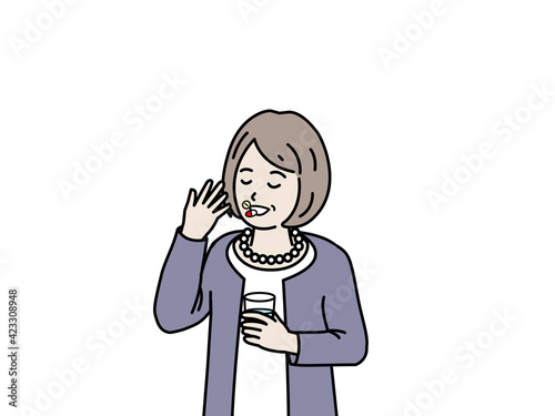 錠剤　サプリ　薬を飲む　年配の女性　シニア　高齢者　健康　イラスト素材