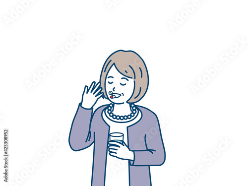 錠剤　サプリ　薬を飲む　年配の女性　シニア　高齢者　健康　イラスト素材