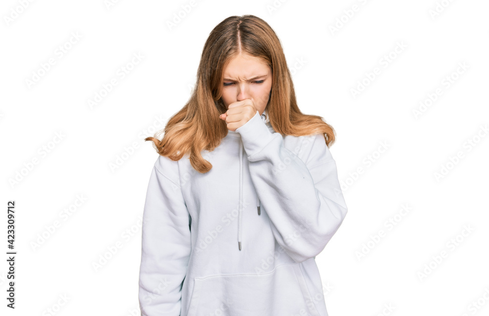 Beautiful young caucasian girl wearing casual sweatshirt feeling unwell and coughing as symptom for cold or bronchitis. health care concept. Beautiful young caucasian girl wearing casual sweatshirt feeling unwell and coughing as symptom for cold or bronchitis. health care concept.