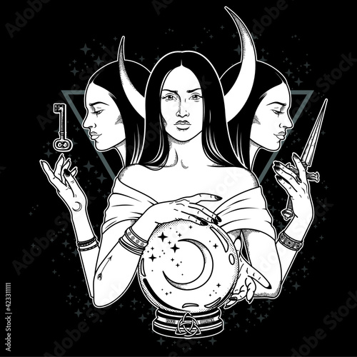 Witch Hecate black and white dagger key and crystal ball - vector art illustration photo