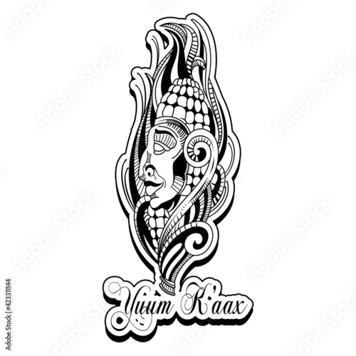 Yuum K'aax Maya God of corn - Illustration Vector Art Blanck and White
