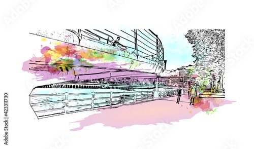 Building view with landmark of Pamplona is the capital of Navarre province in northern Spain. Watercolour splash with hand drawn sketch illustration in vector.