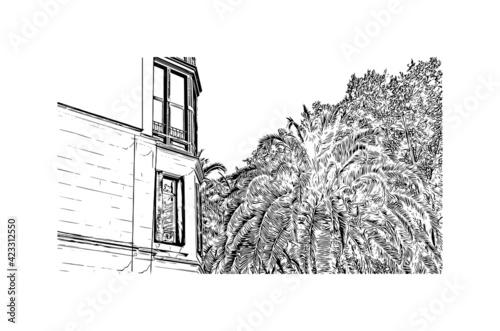 Building view with landmark of Pamplona is the capital of Navarre province in northern Spain. Hand drawn sketch illustration in vector.