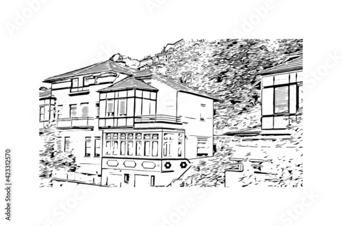 Building view with landmark of Pamplona is the capital of Navarre province in northern Spain. Hand drawn sketch illustration in vector.