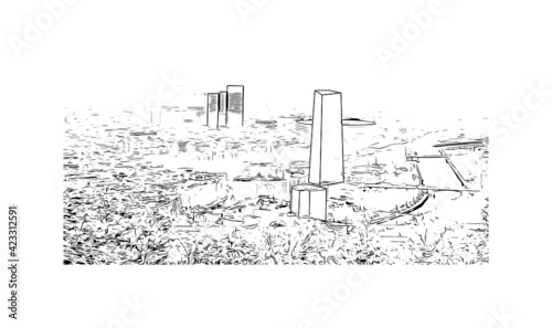 Building view with landmark of Pamplona is the capital of Navarre province in northern Spain. Hand drawn sketch illustration in vector.