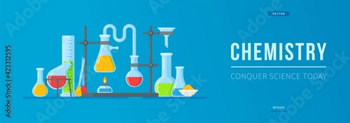 Chemistry Banner. Vector illustration of an experiment in a laboratory. Elixir of youth. Chemical mixture, reagent, reagent, synthesis, quantitative analysis, kachal, test tubes, flasks.