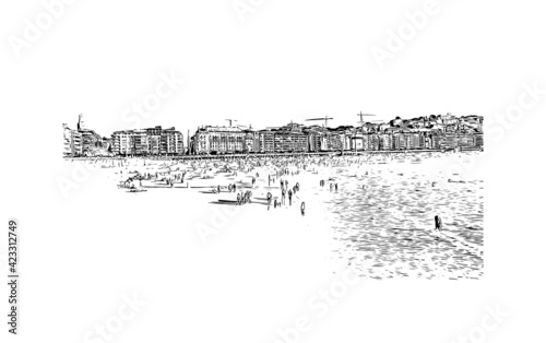 Building view with landmark of Pamplona is the capital of Navarre province in northern Spain. Hand drawn sketch illustration in vector.
