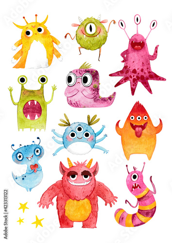 Cute watercolor aliens. A large set of watercolor aliens. This illustration is suitable for printing on the fabric of the wall decor in the children s room  as well as for funny greeting cards.