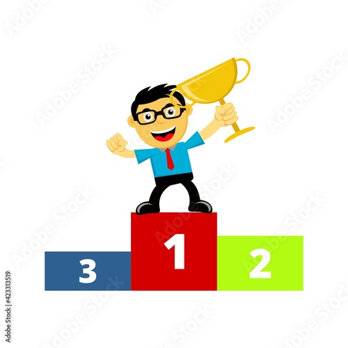Illustration Vector Graphic of Successful businessman or employee in cartoon with glasses win the competition become number one and holding the tropy. Concept of competition in the work
