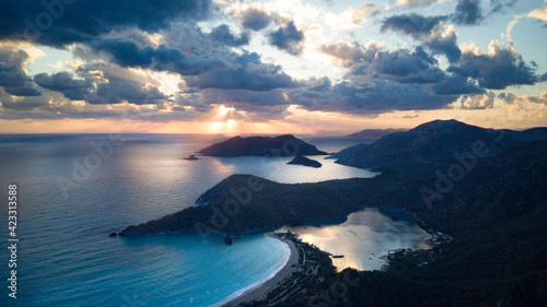 Amazing beautiful panoramic view from drone of natural park of Oludeniz and Fethiye blue lagoon and tranquil aquamarine dead sea. 