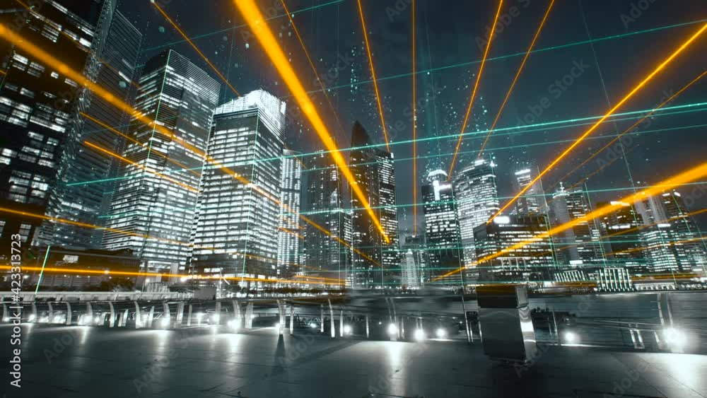 Modern city with abstract futuristic network connections. Digital and technology concept