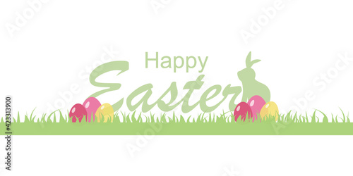 Happy easter concept illustration. Decorative Easter design. Vector illustration. A bunny, eggs and a ribbon. イースターイラスト、イースターデコレーション