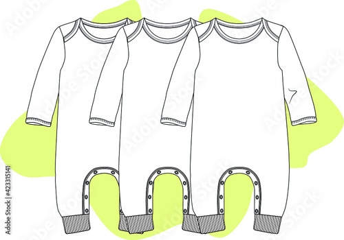 Baby One-Piece clothing. Baby overalls design vector illustration. Baby fashion flat sketch.
