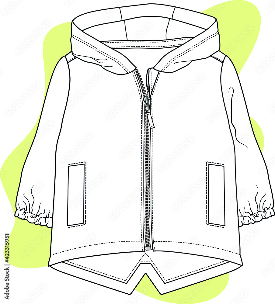 Hooded Raincoat design for baby. Baby Windcheater vector flat sketch