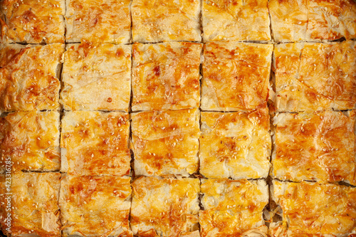 Top view of a tray of traditional Turkish kiymali borek. Sliced into square shaped pieces. Useful for backdrop and texture. Delicious homemade authentic recipe made with Phyllo dough sheets photo