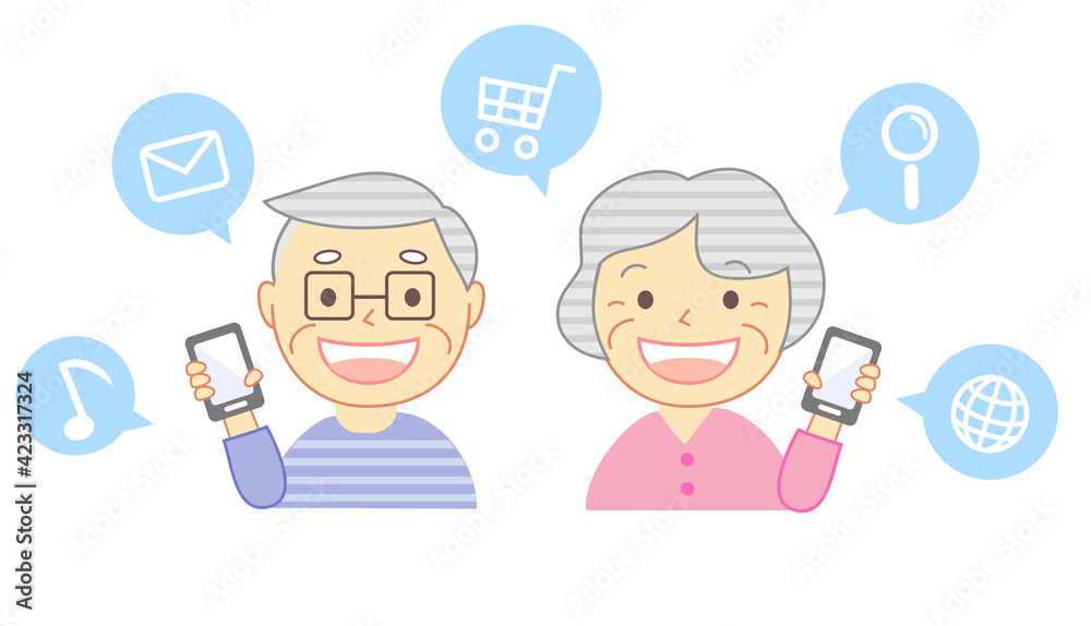 Elderly people and icons using smartphones Elderly people and icons using smartphones