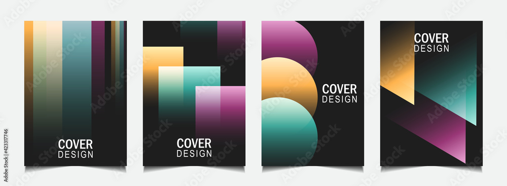 Set of trendy gradient cover design abstract universal background template with colorful line on black color shapes. Vector a4 layout can use modern poster, flyer, annual report, book, presentation