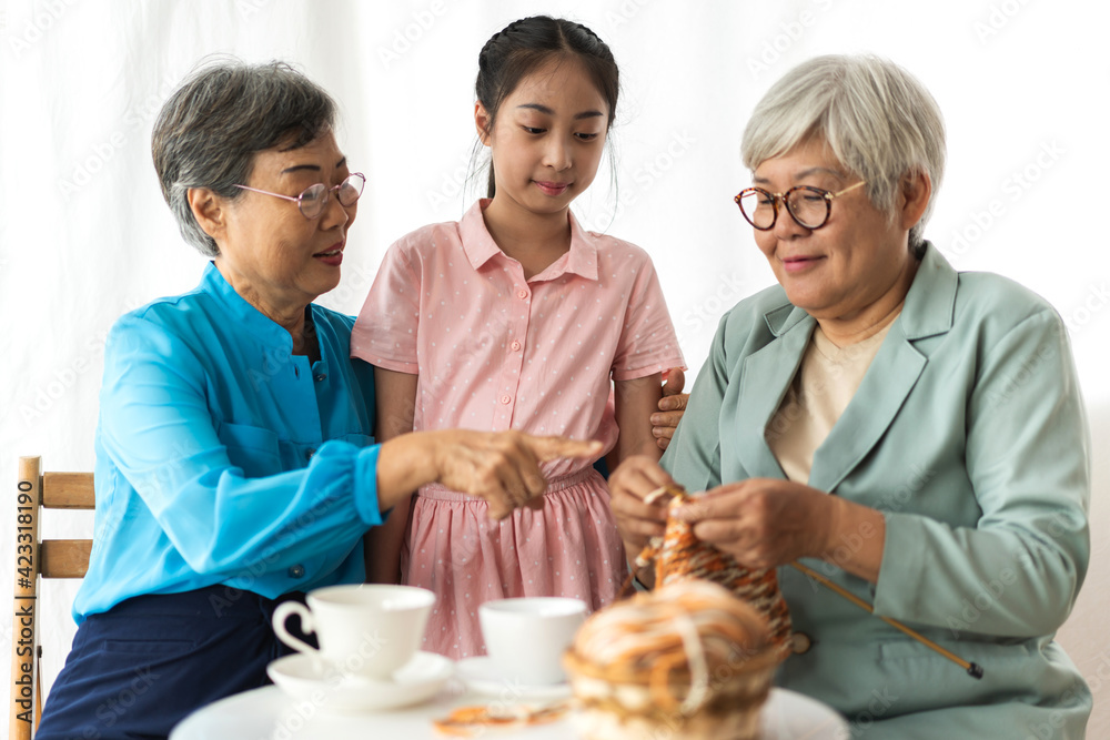 Portrait of happy asian grandmother and little asian cute girl enjoy relax in home.Young girl with their laughing grandparents smiling together.Family and togetherness Portrait of happy asian grandmother and little asian cute girl enjoy relax in home.Young girl with their laughing grandparents smiling together.Family and togetherness