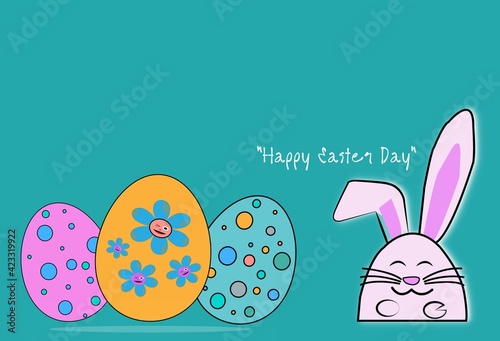 Blue background picture With smiling rabbit And colorful dinosaur eggs with text Happy Easter Day.