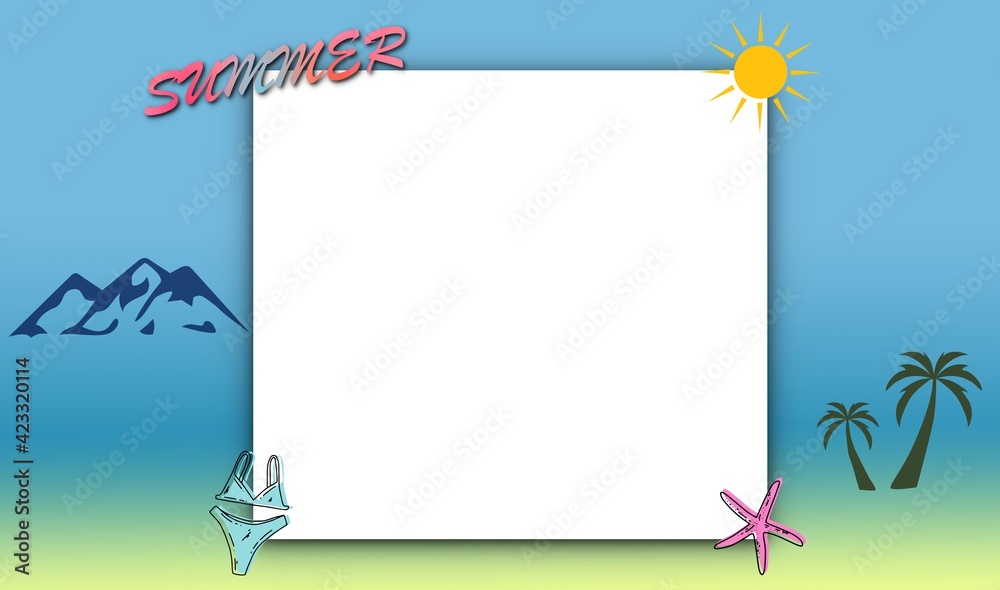 Obraz premium Summer background Chasing blue and yellow Leave white space for the text. Decorated with symbols of the sun, mountains, swimwear, starfish and coconut trees.
