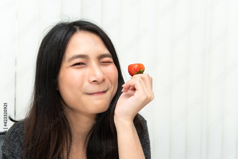 Woman eat strawberry red berry fruit sweet juicy Woman eat strawberry red berry fruit sweet juicy