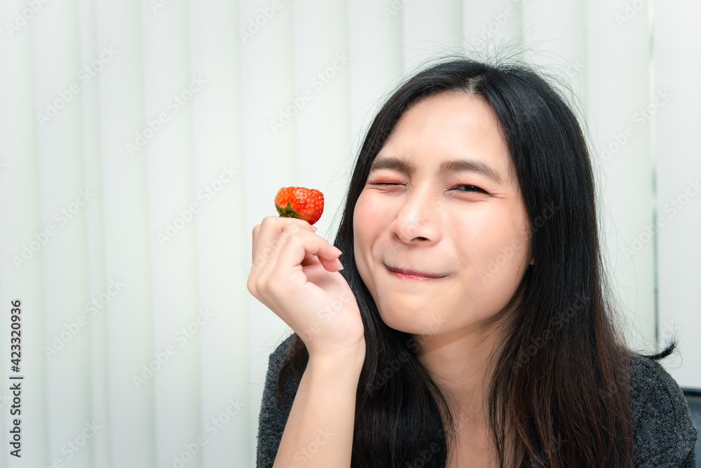 Woman eat strawberry red berry fruit sweet juicy Woman eat strawberry red berry fruit sweet juicy