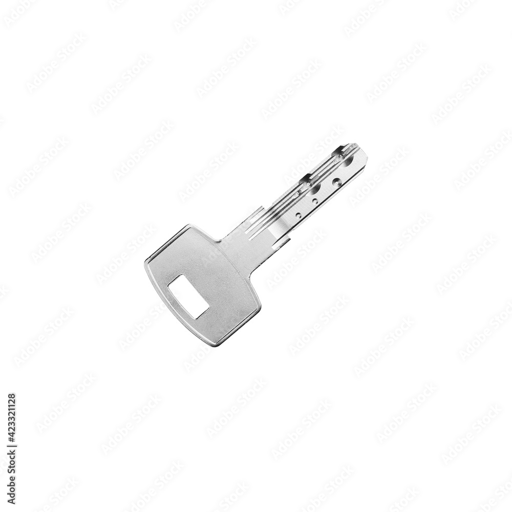 House door lock key on white background isolated close up, single silver metal key, one steel key, home safety concept, design element