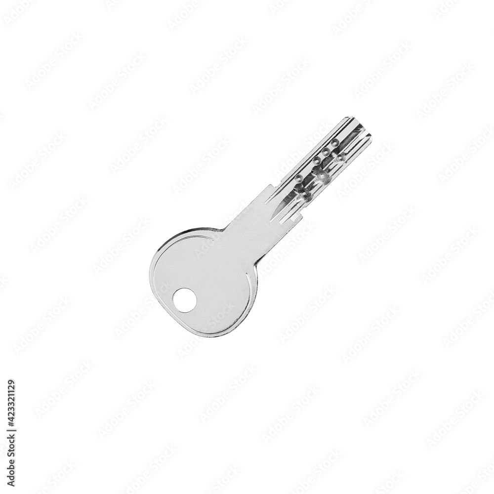 House door lock key on white background isolated close up, single silver metal key, one steel key, home safety concept, design element House door lock key on white background isolated close up, single silver metal key, one steel key, home safety concept, design element