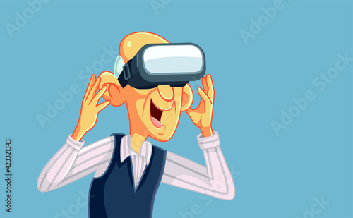 Happy Senior Man Wearing VR Glasses Having Fun