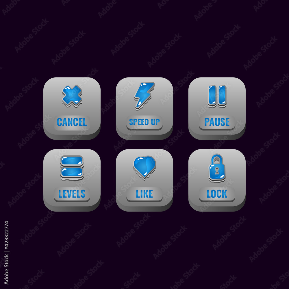 set of square stone buttons with jelly icons for game ui asset elements vector illustration