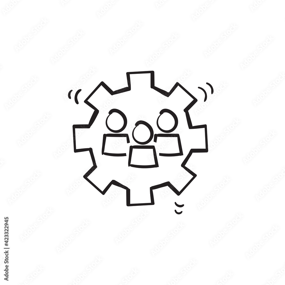 hand drawn doodle people and gear symbol for teamwork illustration vector hand drawn doodle people and gear symbol for teamwork illustration vector