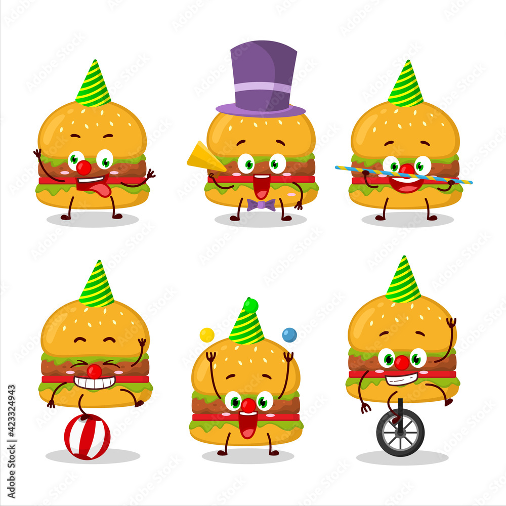 Cartoon character of hamburger with various circus shows Cartoon character of hamburger with various circus shows
