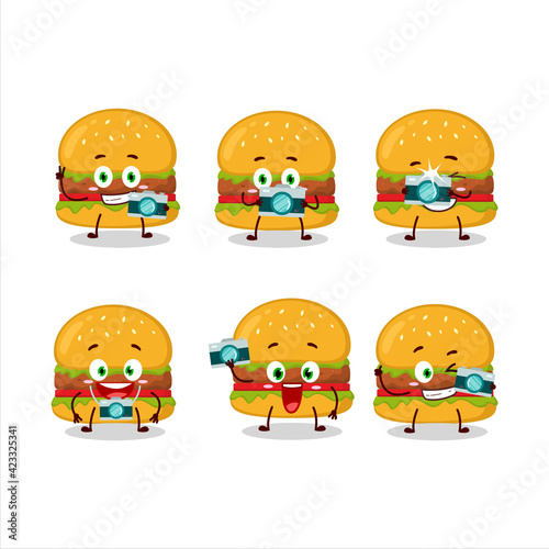 Photographer profession emoticon with hamburger cartoon character