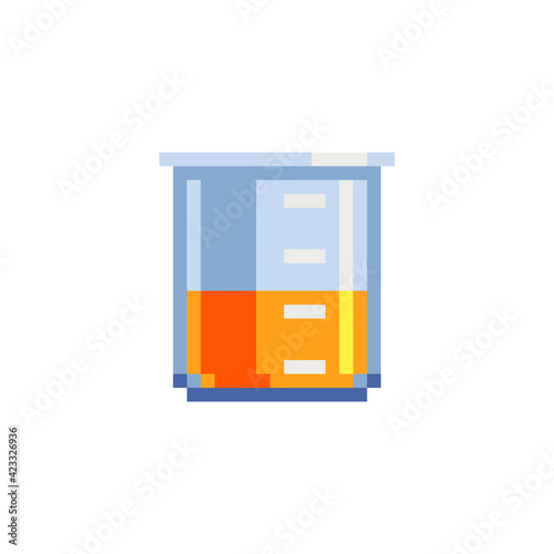 Chemical flasks pink color, abstract pixel art icon. Glass flask. Test-tube and vial chemical technology symbol. 8-bit style. Isolated vector illustration.