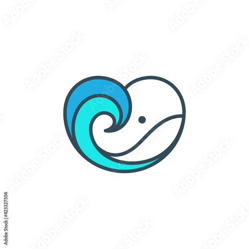 Surfing whale logo template - whale and waves in a heart shape