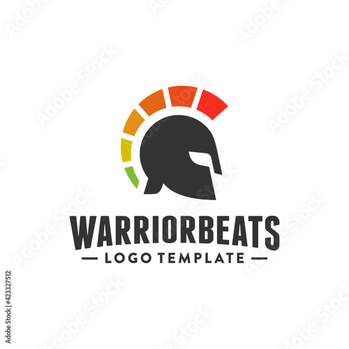 Warrior beats music logo design template with spartan helmet and volume bars