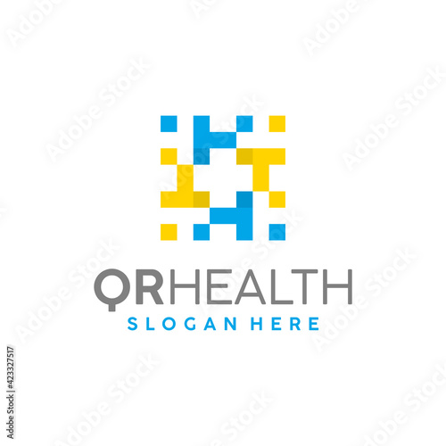 QR HEALTH logo template with QR code and red cross in negative space - creative medical technology design