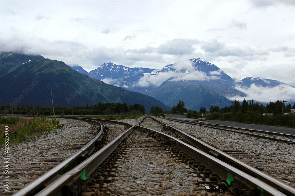 Railroad leading to Alaskan mountains