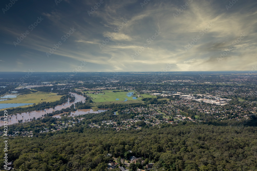 Obraz premium Aerial view of flooding of the Nepean River in Sydney in Australia