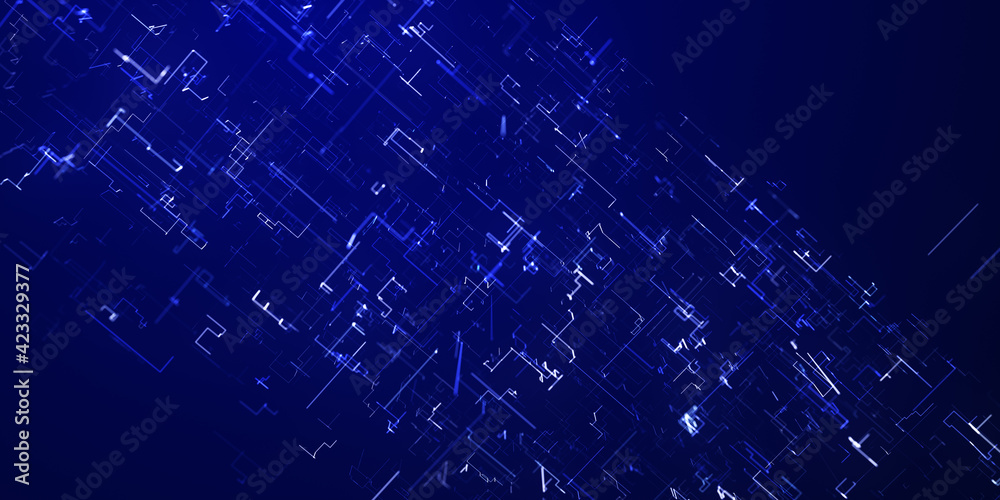 Abstract technology big data background concept. 3D rendering of a scientific technology data binary code network conveying connectivity. Digital cyberspace with particles and Digital data network con