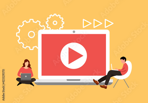 People watching video content or video clip on laptop computer in flat design. Social media user.