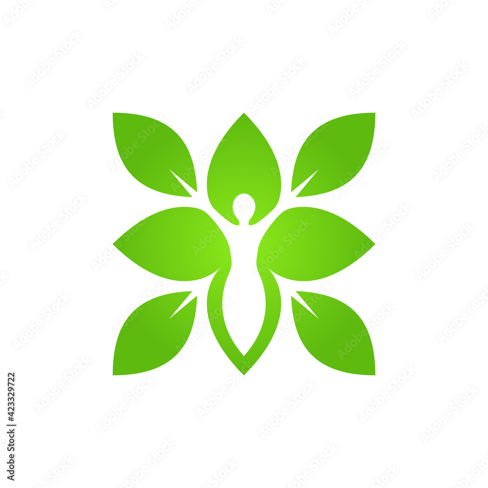 Wellness logo - silhouette of healthy figure in leaves - negative space Wellness logo - silhouette of healthy figure in leaves - negative space