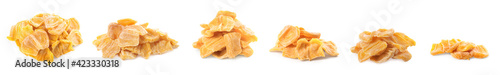 Set with sweet dried jackfruit slices on white background. Banner design