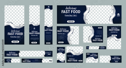 Set of fast foods web banners of standard size with a place for photos. Vertical, horizontal and square template. Vector illustration EPS 10 