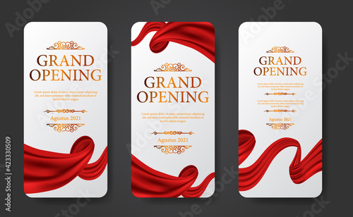 elegant luxury grand opening social media stories template with swirl silk red curtain with golden color
