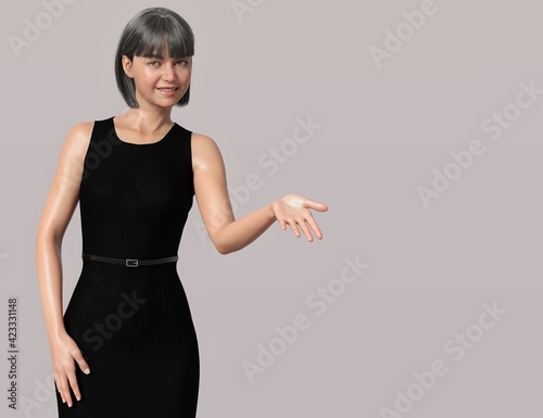 Woman presenting. Person in the image is computer generated by 3D rendering. No model release is needed as the person is fictitious.