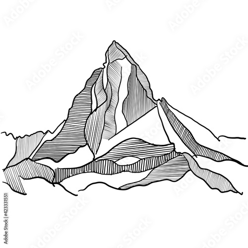 Black and white silhouette of the famous mountain Cervino, part of the Italian and Swiss Alps. Handmade drawing of the main summit at 4,478 meters