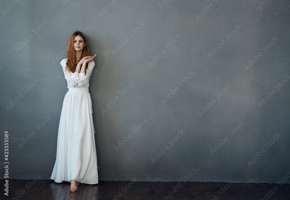 attractive woman white dress luxury performance studio gray background attractive woman white dress luxury performance studio gray background